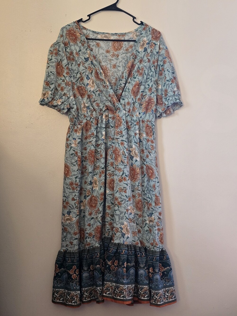 Light Blue Floral Midi Dress with Ruffle Hem